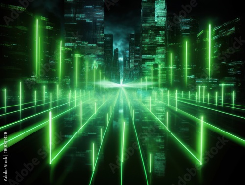 Green glowing arrows abstract background pointing upwards, representing growth progress technology digital marketing digital artwork with copyspace