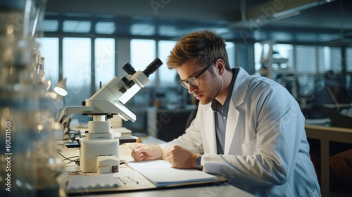 One serious young mixed-race guy medical scientist at a desk using a microscope to analyze slide test samples. Hispanic doctor finds and analyzes sickness cure in lab photo