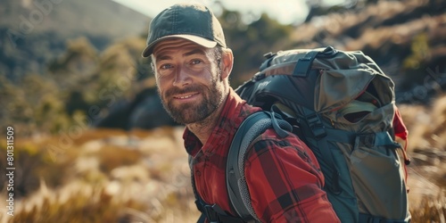 Happily bearded Caucasian man with rucksack hiking alone in the mountains during the day. Active man smiling while exercising and exploring outdoors. Being active on trips