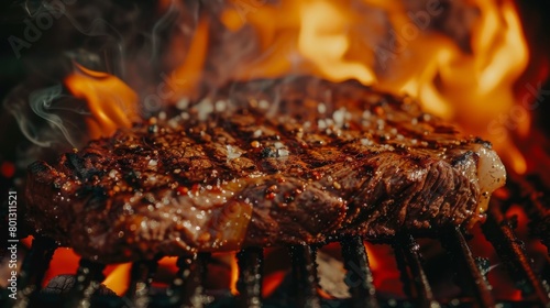 Close-up of a steak sizzling on a hot grill, with flames licking the edges and searing in the juices, creating the perfect charred crust.