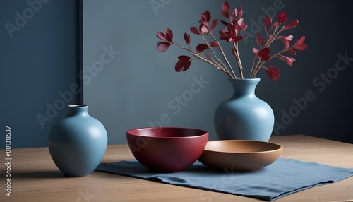 Clean Aesthetic Scandinavian style table with decorations. Modern, contemporary. Blue, red, burgundy 