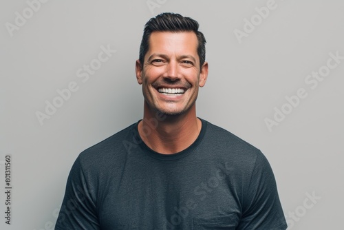 Mature male, portrait, smiling, fake background, space, and Australian trust. Image of happy face, headshot, confident guy, male model, relax with happiness, marketing, and mock-up backdrop