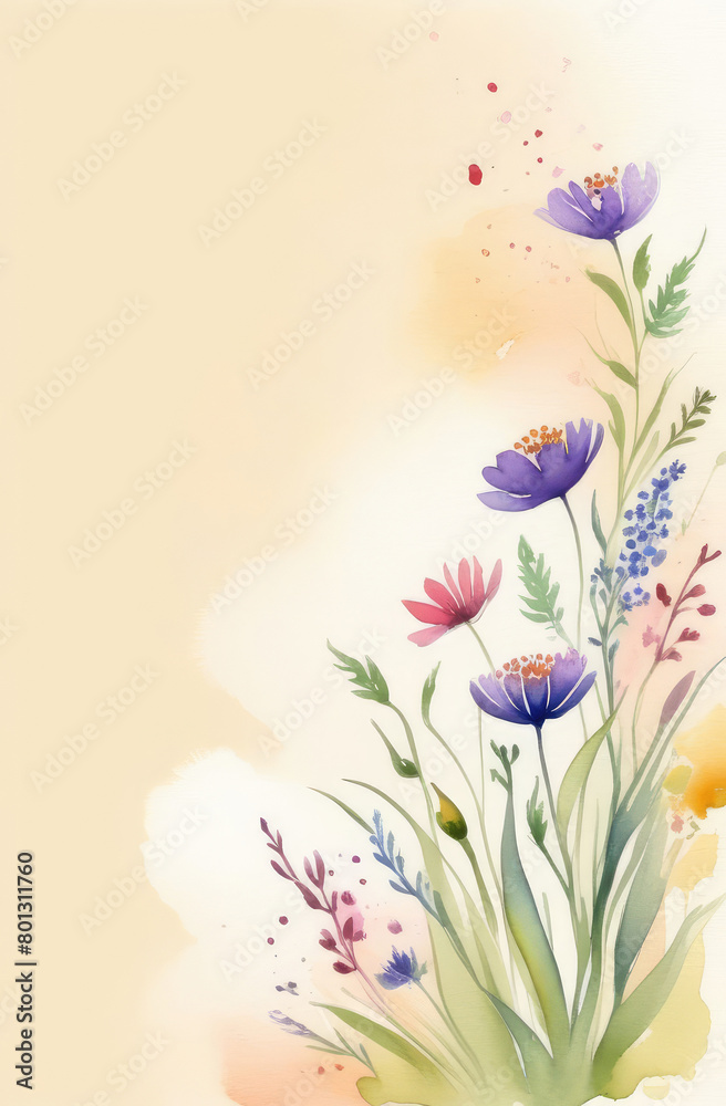 herbal drawing with copyspace on beige background. watercolor illustration of herb and flowers.
