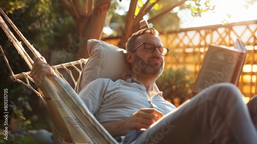 A man relaxing in a hammock with his favorite book in the backyard photo