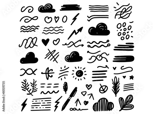 Scribble, doodle, underline, emphasize, and shape set. hand-drawn brush elements.