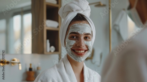 Spa treatment, home self-care, or healthcare wellness for acne, collagen, or dermatology with woman, face mask, or hands Portrait, smiling, or joyful person with cream or chemical peel photo
