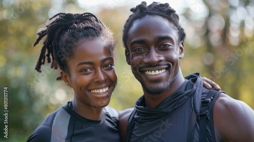 Fitness pair runs and does cardio for happiness, health, and wellness. Asian athlete and ebony woman prepare to train in nature.