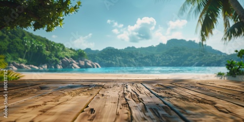 Travel mock-up wooden table, tree, and beach landscape. tropical paradise, dream vacation, island holiday, background, summer wallpaper, sunshine, and blue sea waves in Maldives