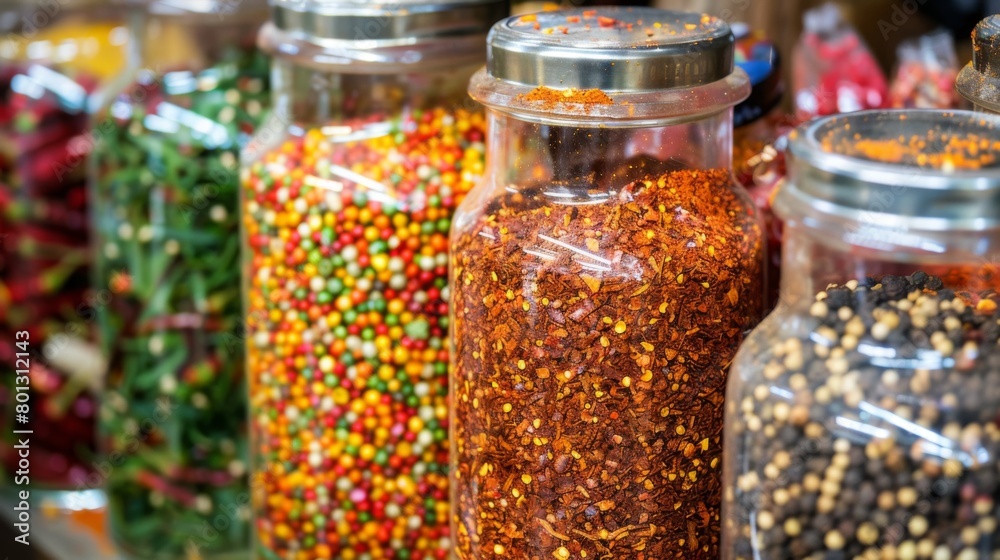 Close-up of a Thai herb and spice rack filled with jars of chili powder, peppercorns, and other seasonings, illustrating essential ingredients in Thai cooking. Close-up of a Thai herb and spice rack filled with jars of chili powder, peppercorns, and other seasonings, illustrating essential ingredients in Thai cooking.