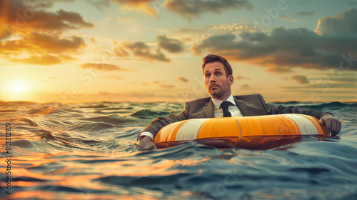 A suited businessman floats on a raft in the vast ocean, clutching a lifebuoy as he navigates through the endless blue waters