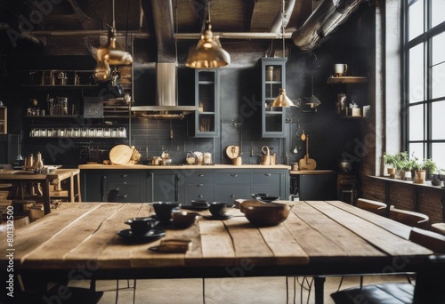 table spacious black loft decor cabinets industrial view wooden vintage Side kitchen