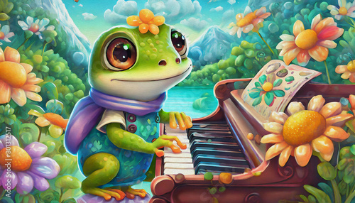 oil painting style CARTOON CHARACTER CUTE baby frog playing piano isolated on white background, top view. side front