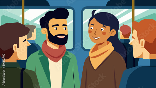 Two strangers making eye contact and smiling at each other on a crowded subway acknowledging their shared experience.. Vector illustration