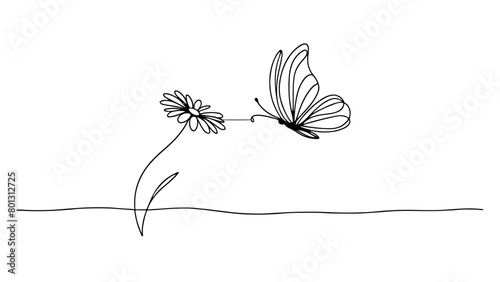 A minimalist and elegant continuous line drawing of a butterfly delicately landing on a flower