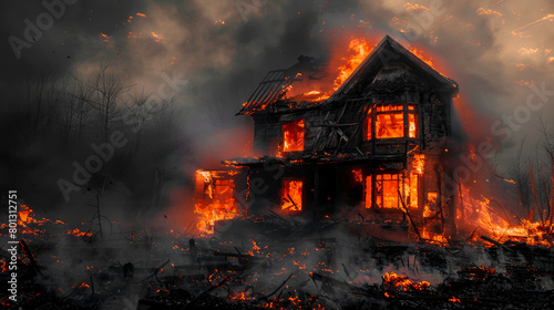 Haunting image of a house engulfed in flames at night  evoking disaster and urgency