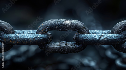 Macro shot of a rugged, frost-covered metal chain on a black background, highlighting strength and durability with high detail and texture.