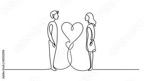 A one continuous line drawing of a man and a woman with their hearts linked by a single string