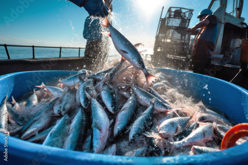 A bucket brimming with fish is the center of attention, with a person in the background photo