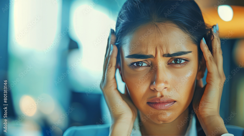 Fototapeta premium Portrait of a distressed Indian businesswoman with a headache, emphasizing stress and the challenges of professional life in a modern corporate setting.