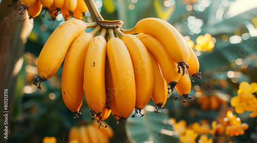 Cluster of ripe bananas hanging against a vibrant green foliage background, capturing the freshness and natural appeal of tropical fruit in sunlight.