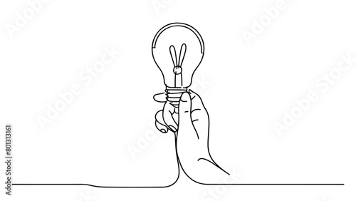 A single, continuous line drawing of a hand holding a lightbulb