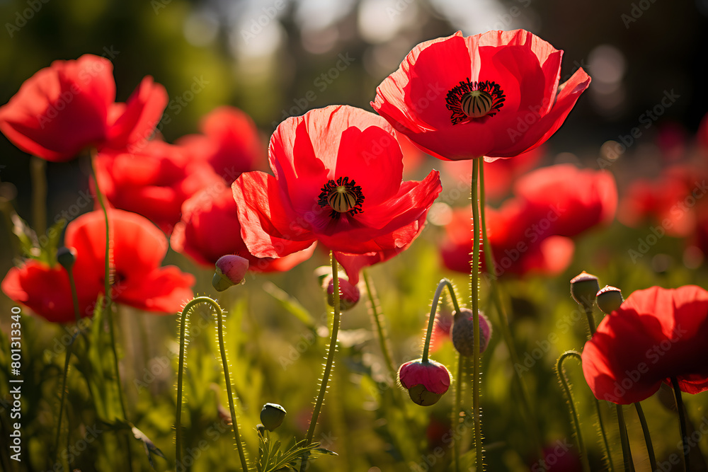 Obraz premium Scarlet red poppies in a meadow; shallow depth of field, macro shot that focuses on the soft textures and vivid colors Generative Ai,