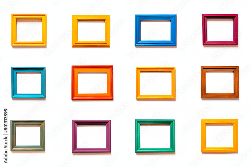 Obraz premium Set of colorful window frames isolated on a white background, including vibrant and painted wooden frames, offering a playful Generative Ai,