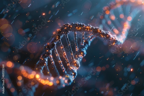 Closeup view of a DNA structure with sequencing data annotations, presented in 3D with dynamic, moody lighting effects,
