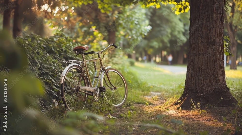 Vintage bicycle waiting near tree. with copy space. world bicycle day background concept