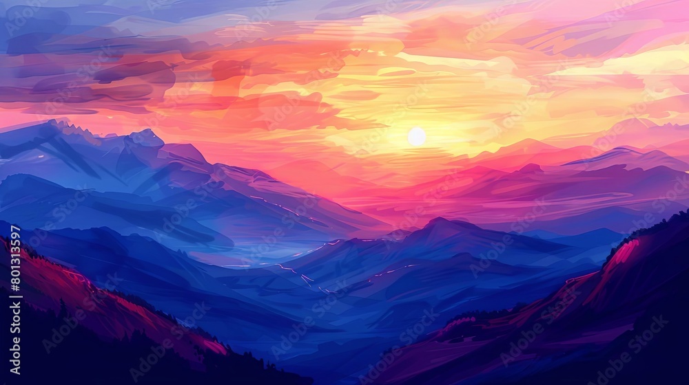 sunset over the mountains a serene landscape featuring a mountain range, a clear blue sky, and a di