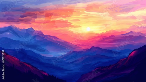sunset over the mountains a serene landscape featuring a mountain range  a clear blue sky  and a di