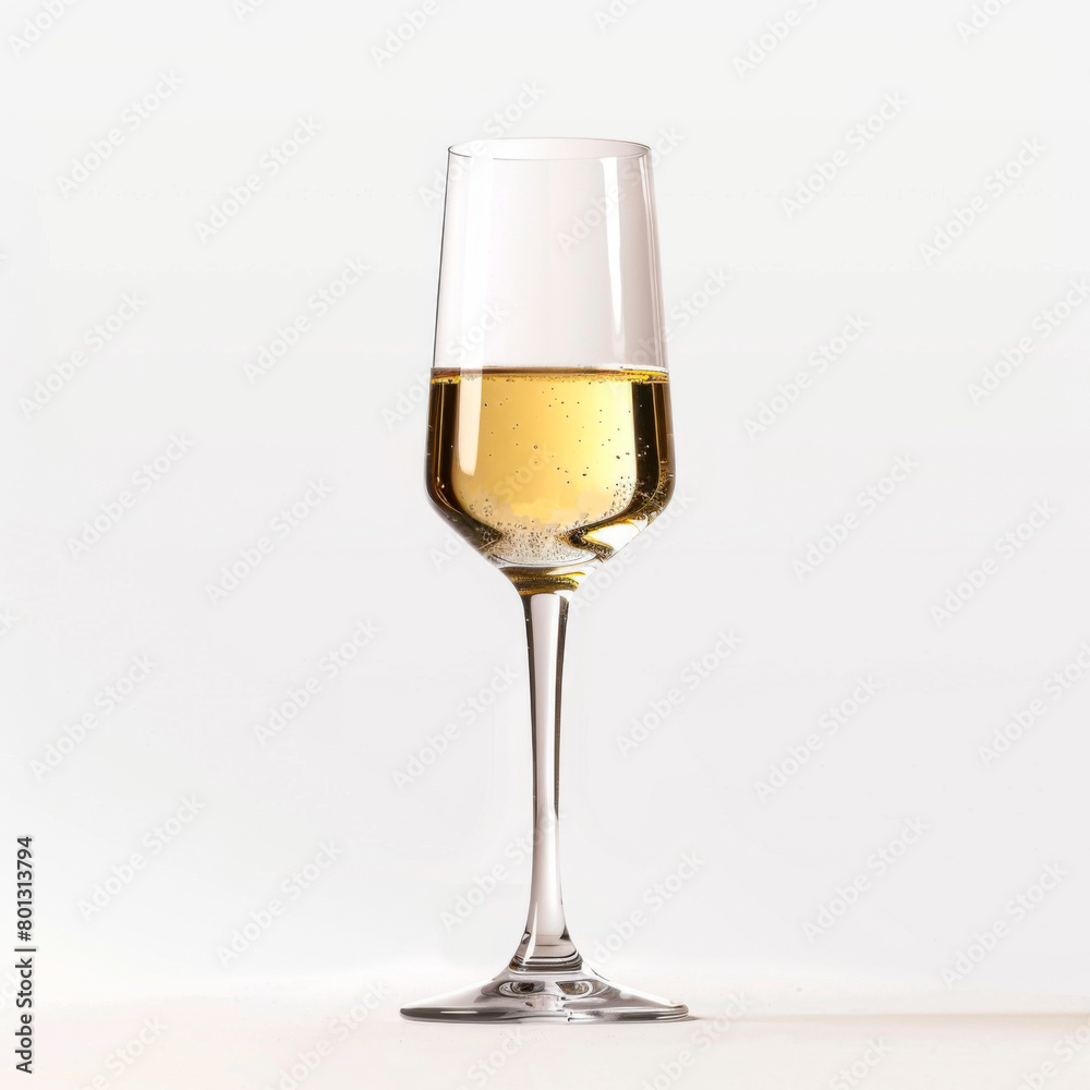 Fototapeta premium A stemware wine glass filled with a refreshing cocktail of champagne, bubbles effervescently rising to the top, creating a festive and elegant display