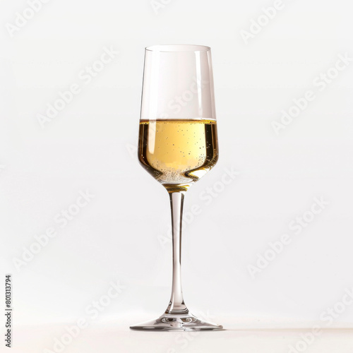 A stemware wine glass filled with a refreshing cocktail of champagne, bubbles effervescently rising to the top, creating a festive and elegant display