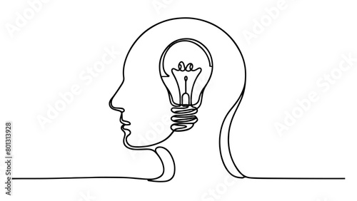 one continuous line drawing of a head with a lightbulb inside