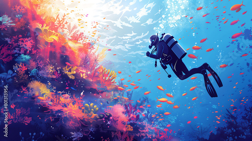 Diver explores vibrant coral reef underwater, world of a coral reef, equipped with their scuba gear and oxygen mask, marine life, vibrant colors of corals, fish © Wisarut Official