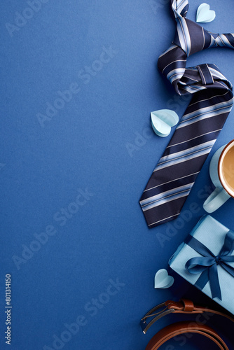 Fototapeta Naklejka Na Ścianę i Meble -  Beautifully curated Father's Day scene featuring a classic tie, coffee cup, and gift box, offering ample space to write heartfelt wishes or greetings