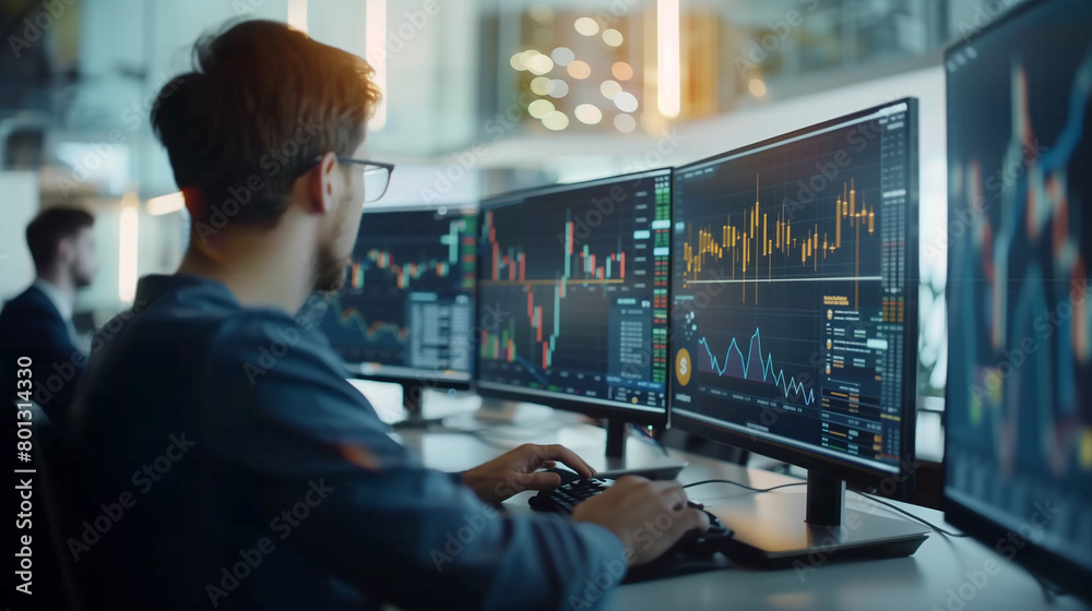 Financial analysts in a high-tech office viewing real-time cryptocurrency transactions on multiple screens, representing blockchain's impact on finance, natural light, soft shadows