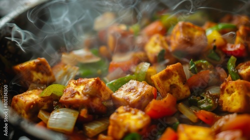 Close-up of paneer cubes being with bell peppers and onions in a sizzling pan, showcasing the preparation of paneer jalfrezi, a spicy stir-fry dish. photo