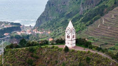 Orbit shot of tower of the Capela de Nossa Senhora de Fatima, Sao Vicente, chapel of our lady of Fatima, on island of Madeira photo