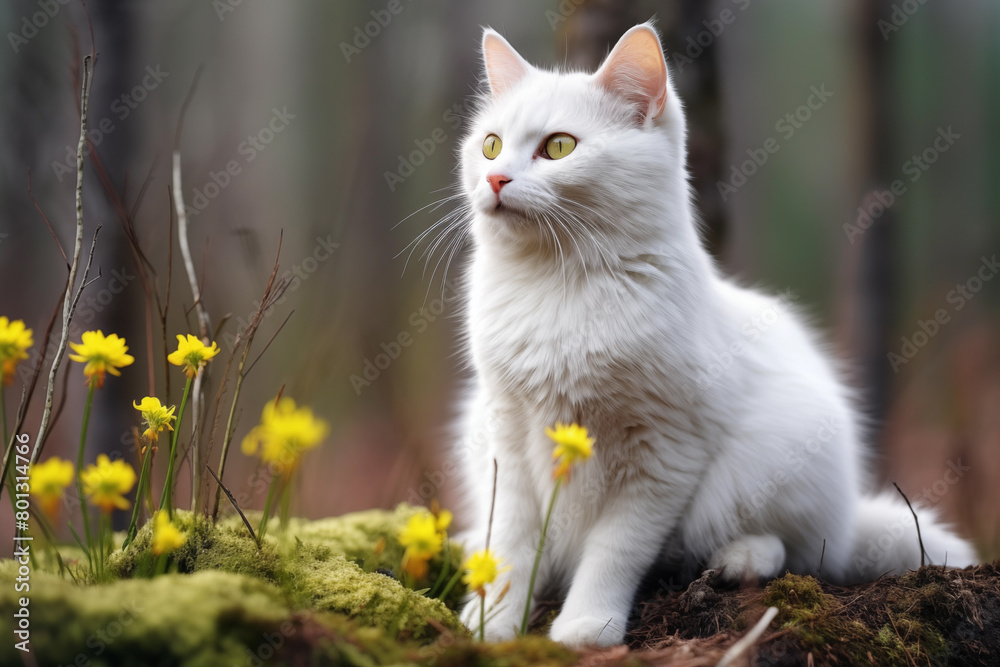 A serene white cat nestled among vibrant yellow wildflowers in a lush forest. The feline’s fluffy fur contrasts beautifully with the greenery, creating a harmonious and peaceful scene