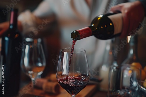 Pouring red wine to a glass of wine