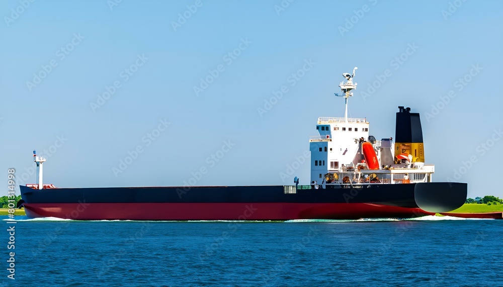 cargo ship in the port,A large cargo ship is on the water, with a blue sky and a green island in the background.