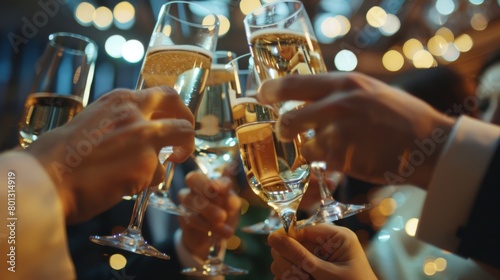 A group of people are raising their stemware champagne glasses, filled with a sparkling alcoholic beverage, as they toast to a special occasion