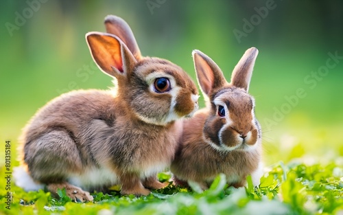 rabbit on the grass,The image features two brown and white rabbits sitting on a grassy field.Brown fluffy bunny rabbit wearing glasses  © Nimra