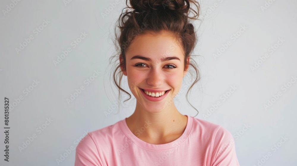 Portrait of a happy young woman with a genuine smile, wearing a casual pink t-shirt against a light background. Perfect for representing positive emotions and casual lifestyle Portrait of a happy young woman with a genuine smile, wearing a casual pink t-shirt against a light background. Perfect for representing positive emotions and casual lifestyle