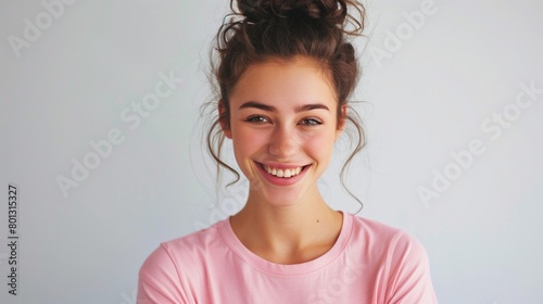 Portrait of a happy young woman with a genuine smile  wearing a casual pink t-shirt against a light background. Perfect for representing positive emotions and casual lifestyle