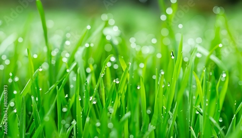green grass with dew drops,The image features a close-up of a field of green grass with dew drops on the leaves. The background is blurry, and there is a bokeh effect.