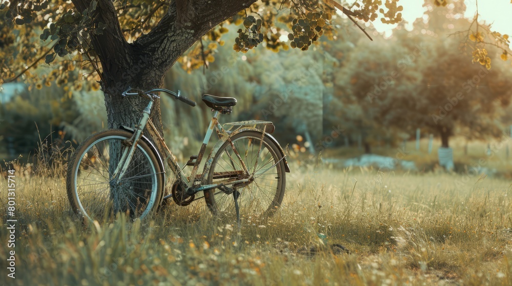 Obraz premium Vintage bicycle waiting near tree. with copy space. world bicycle day background concept