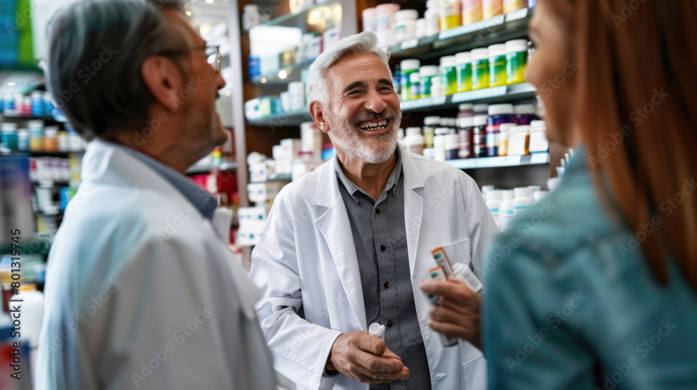 Two men and a woman engaged in conversation at a pharmacy Two men and a woman engaged in conversation at a pharmacy