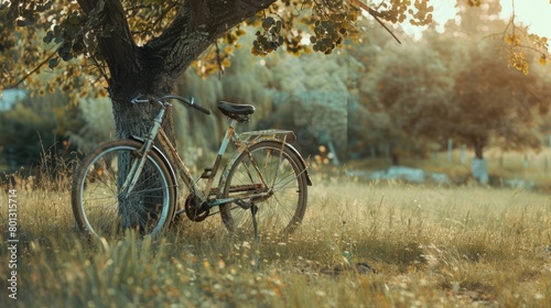 Vintage bicycle waiting near tree. with copy space. world bicycle day background concept © Otseira